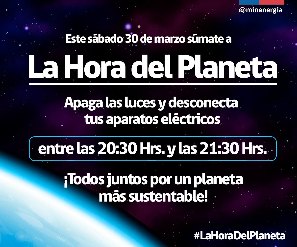 Mañana, 30 de marzo, todos podemos sumarnos a #LaHoraDelPlaneta 🌎❤️ Apaga las luces y desconecta tus aparatos eléctricos entre las 20:30 y 21:30 hrs 😉 ¡Haz RT para que todos se enteren!