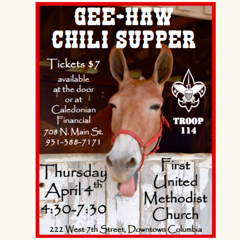 ColumbiaTNFUMC's tweet photo. Join us for the Gee-Haw chili supper!! #columbiafirst https://t.co/wAm3dr7mJt