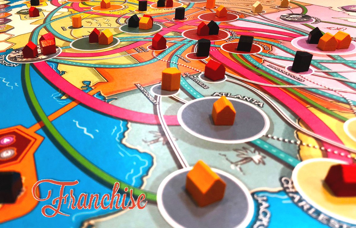MeepleMaven's tweet photo. Board and component designs are not the only changes for #Franchise @real_QueenGames (v. #MedievalMerchant), and the redesign works well / plays smoothly. #RouteBuilding #AreaControl #BoardGame. #BoardGameMaps https://t.co/qdFfAM3ito