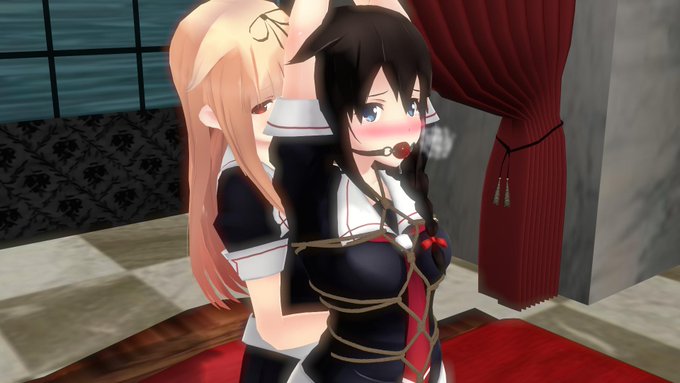 ⑥
「とっても上手。ほら見て、時雨ちゃんのかわいいおっぱいが縄で上下から挟まれてすごくエッチでしょ?」
「むぐぅ・・・」
確かに恥ずかしかったけど、それどころじゃなかった。縄を掛けられるたび、股間に縄が食い込んでアソコを刺激される。 