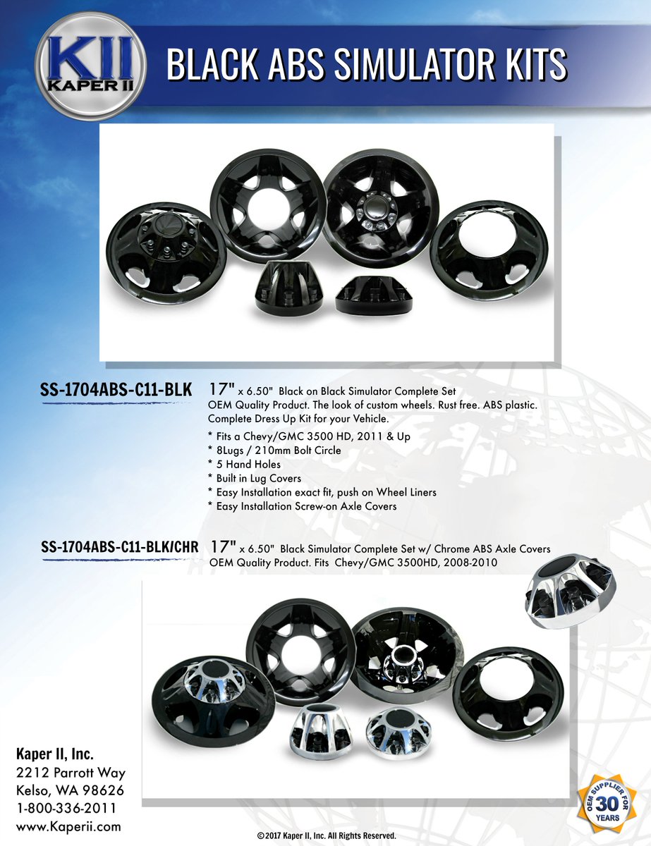 Kaper_II's tweet photo. In stock Now! Call today to order 1-800-336-2011. 
8am-4:30pm Mon-Friday Pacific Time
#Abswheels #wheelsimulators #black #aftermarketaccessories #chevy #gmc #3500 #towtruck #showtruck https://t.co/k6z42eVZ2w