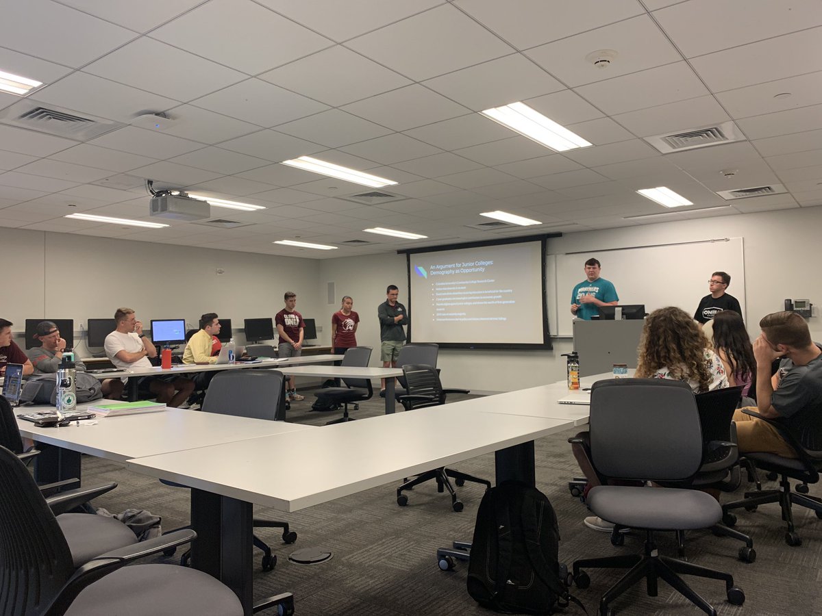 MoraisDG's tweet photo. #turnupfriday Presenting their argument based on a sport management case study “Aspirations Through Associations”; should the junior college stay NJCAA, move to NCAA DIII, or move to NAIA? So lucky to use materials created by colleagues to help students shine. #tuspmt @TingleJK https://t.co/TPupICKzql