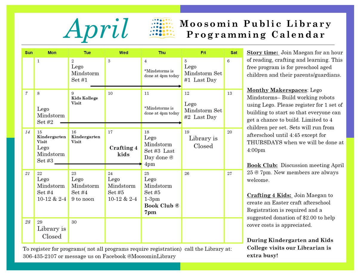 MoosominLibrary's tweet photo. Here's what's happening @MoosominLibrary in April. Join us after school as we build robots with Lego mindstorms, craft and more! #notthelibraryyouremember https://t.co/BjXCTpYp2V