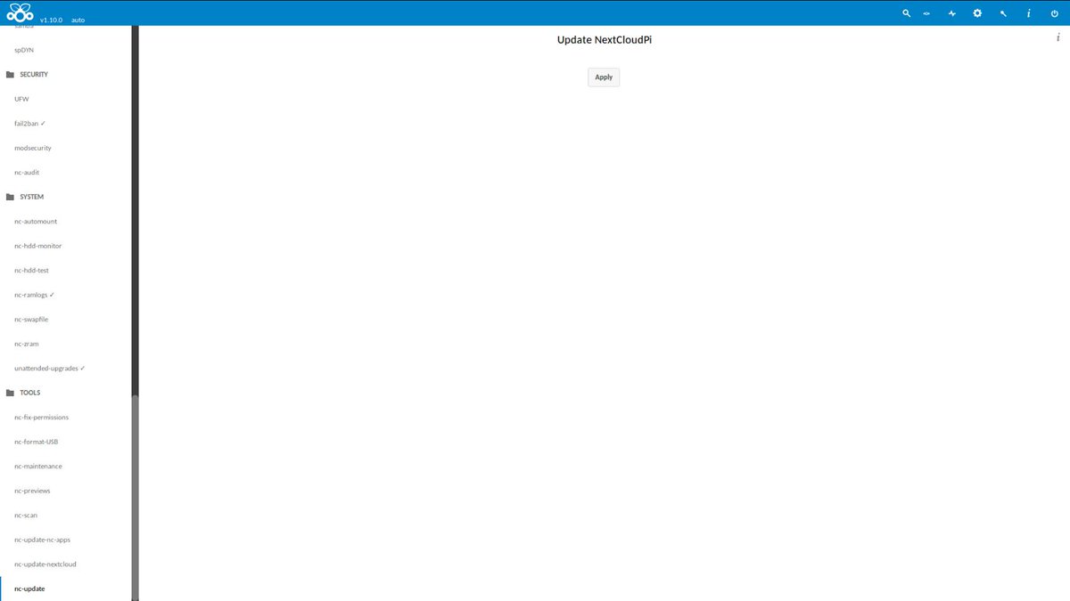 NextCloudPi's tweet photo. Updating NextClouPi is easy.

Command line:

$ sudo ncp-update

NCP Web

Tools submenu, 'nc-update'. https://t.co/z6Xd4YKZ6d