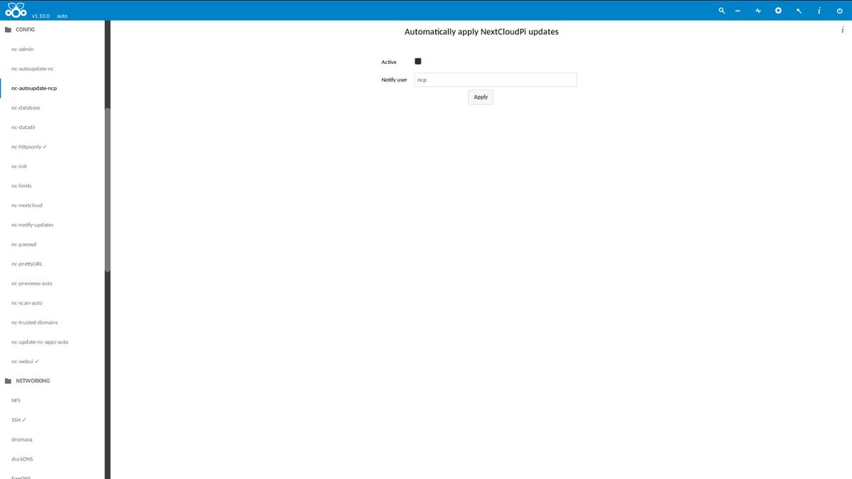NextCloudPi's tweet photo. NextCloudPi also has auto update options available.

Command line:

$ sudo ncp-config. Select 'config' &amp; 'nc-autoaupdate-ncp'.

NCP Web:

Config submenu, 'nc-autoupdate-ncp'. https://t.co/lPGP7mS141