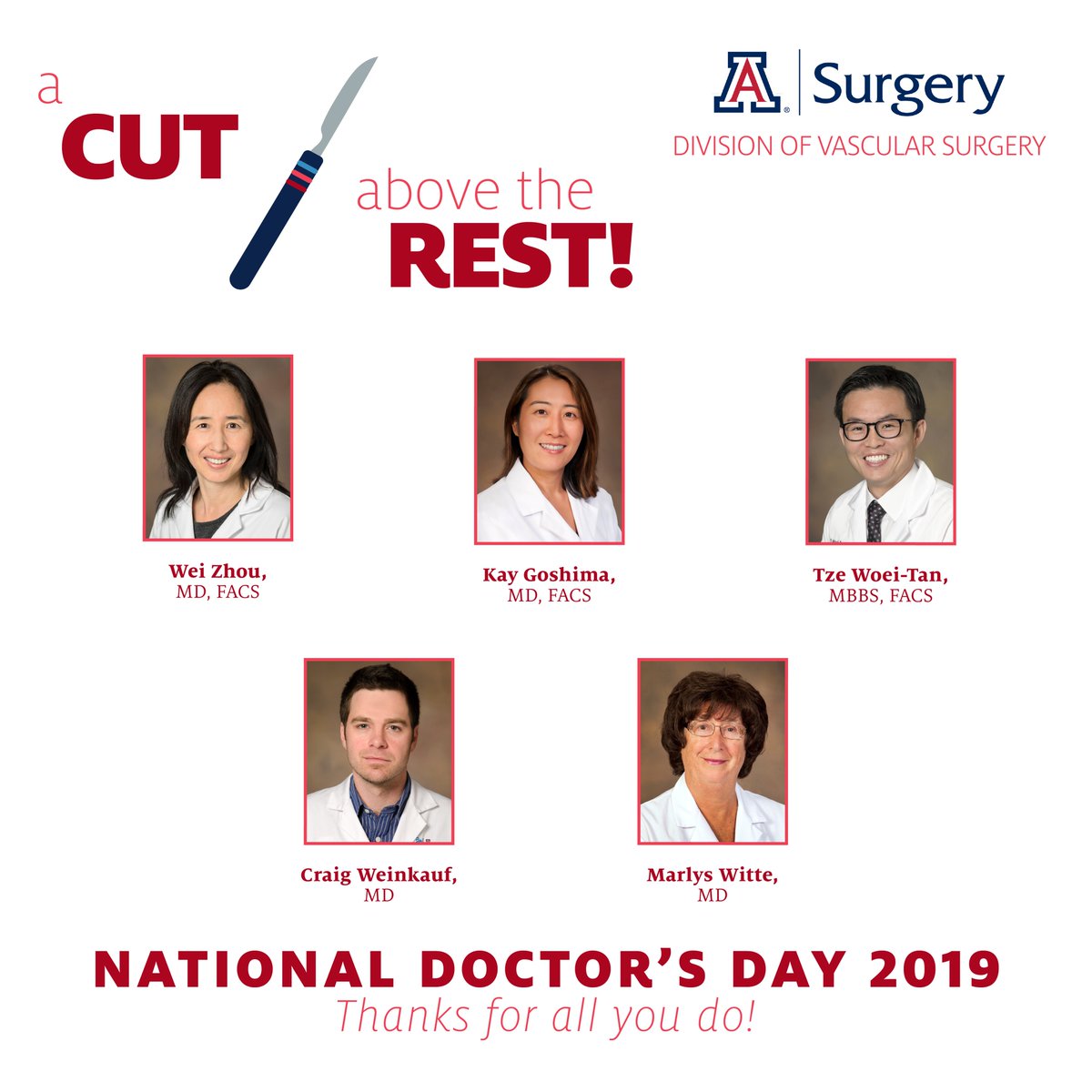 UofAZSurgery's tweet photo. Our team wouldn't be complete without our Division of #Vascular #Surgery, which also houses our #podiatry team, the Southern Arizona Limb Salvage Alliance (SALSA). Happy #DoctorsDay! @VascularAz https://t.co/5cbFyhLCFZ