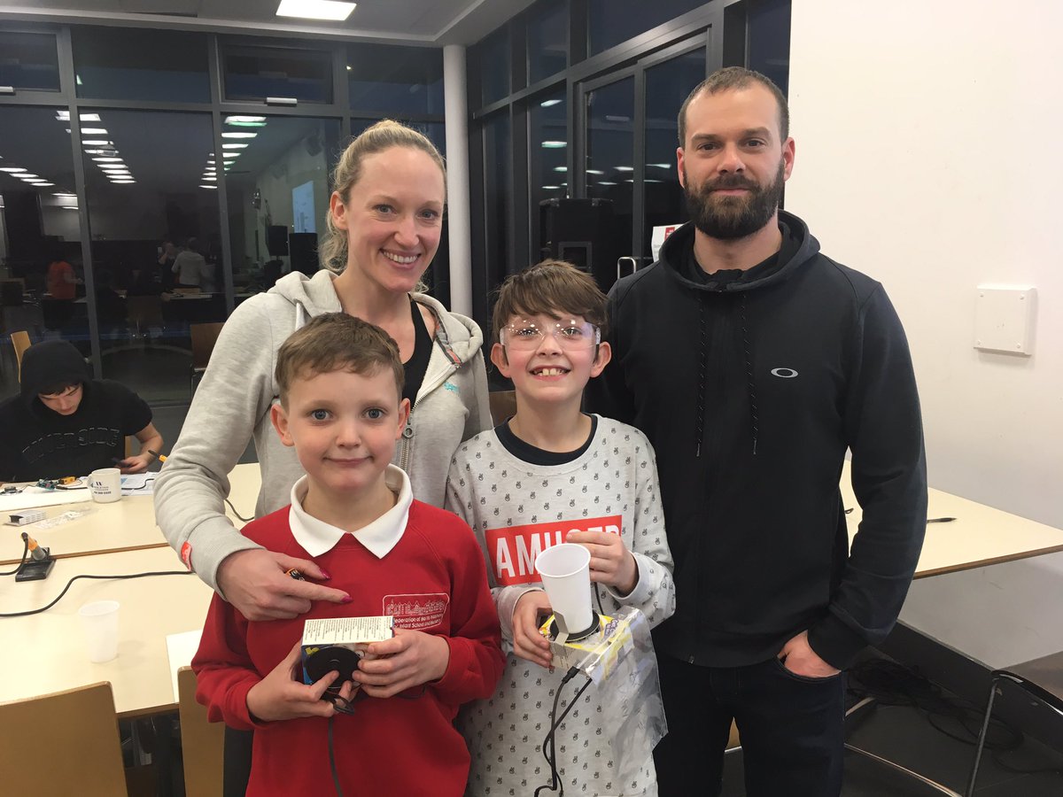 NWHS's tweet photo. #STEMtastic family @NWHS with their finished @SmallpeiceTrust speaker in a cereal packet #teamworkmakesthedreamwork #imadethis #smilesallround #patience #resilience #chooons #soldering #circuits #electronics @TheIET @STEMLearningUK https://t.co/w37w9rCZhS