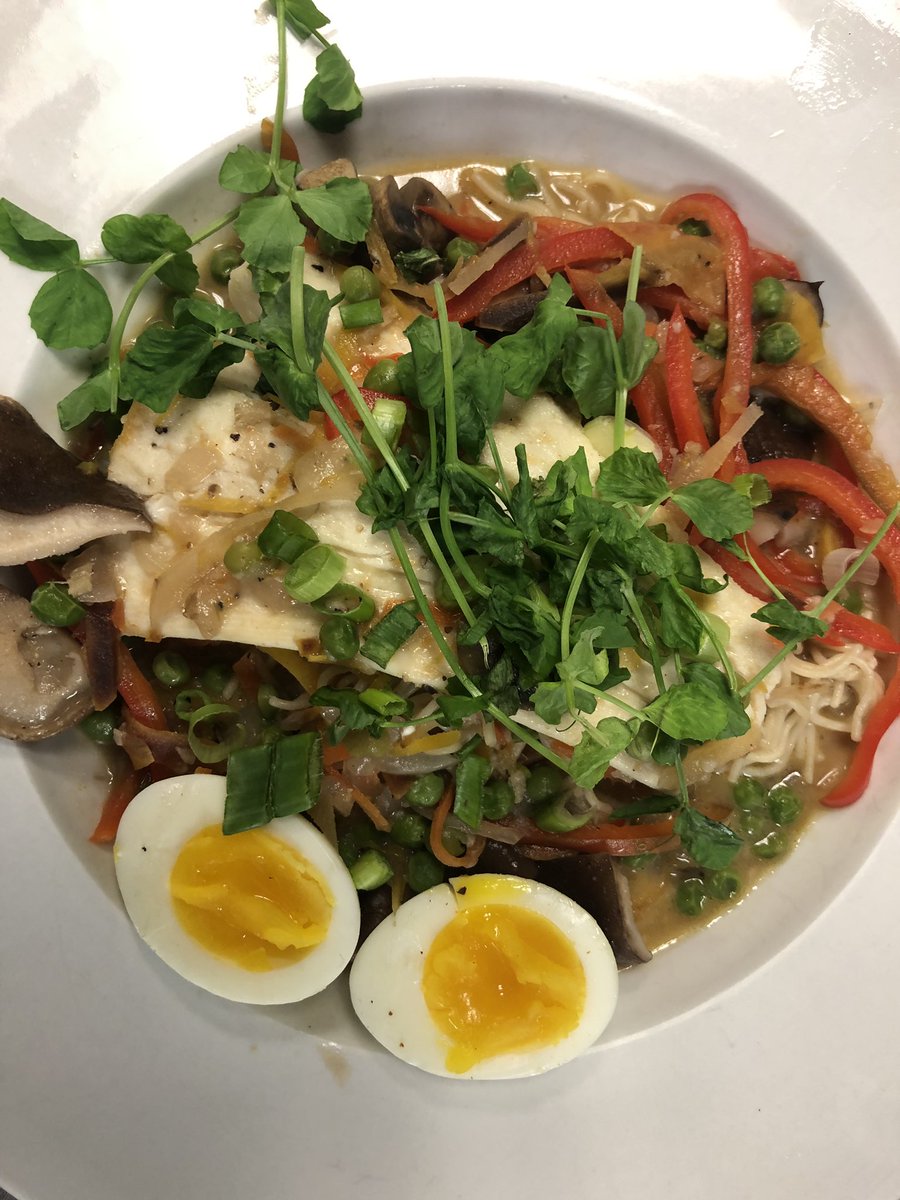 ThePinesTav's tweet photo. Fresh  Halibut, Miso Broth, Ramen Noodles, Organic Soft Boiled Egg  and Fresh Pea Shoots grown by the students at Chatham University, Eden Hall Campus. #Fresh #pghrestaurants #chatham #organic # sustainability #natural https://t.co/MRTyxtftId