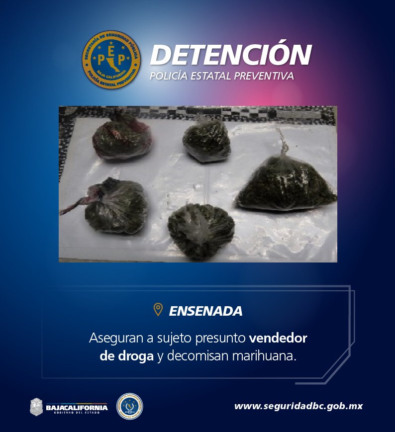 gesibc's tweet photo. Un presunto vendedor de droga fue asegurado en #Ensenada por agentes de la Policía Estatal Preventiva en fraccionamiento Ulbrich. https://t.co/bwU0xxZRVu
#CombateAlCrimen #PEPBC #ImpulsoBC #CruzadaPorLaSeguridadBC @GobiernoBC @KIKOVEGA_ https://t.co/JFbdShlwyg