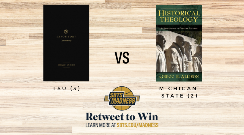 SBTSadmissions's tweet photo. Its the second day of the third round of #SBTSmadness and we have @DennyBurk and @DrJimHamilton with @crossway up against Gregg Allison with @ZonderAcademic! RT to win! 🏀 📘 📗 https://t.co/7lCh06LqPy