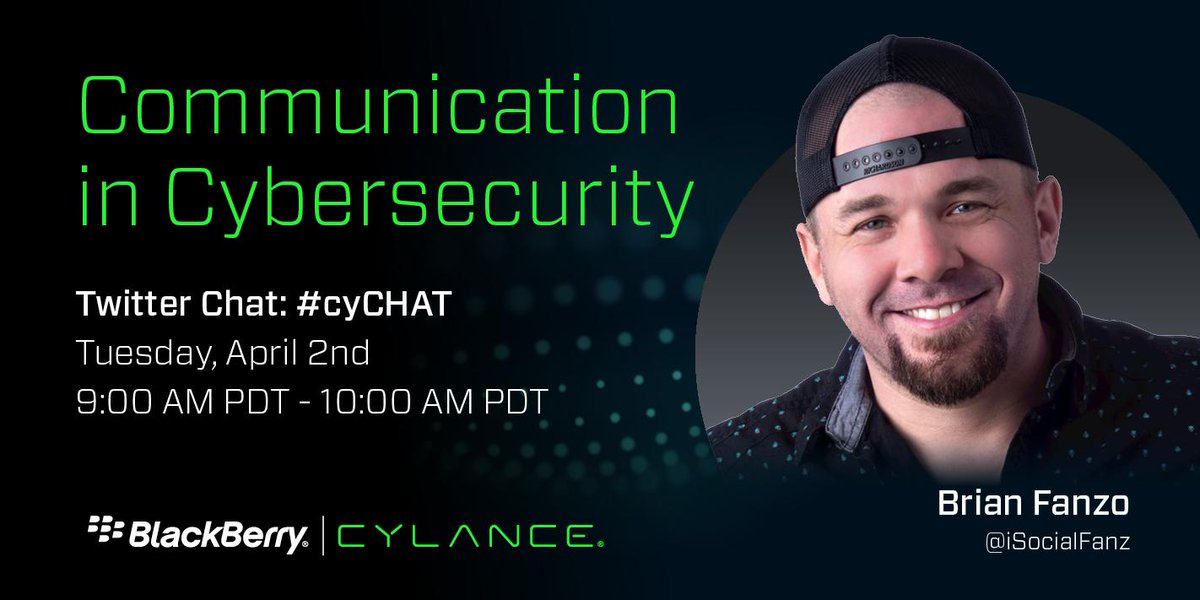 BlackBerrySpark's tweet photo. Join us for our next Twitter chat -- #cyCHAT on Tuesday, April 2nd featuring guest host @iSocialFanz as he discusses the importance of communication in #cybersecurity. Would love for you to join us! #twitterchat #cybersecuritychat #securitychat #security https://t.co/cZE7jKRAOj