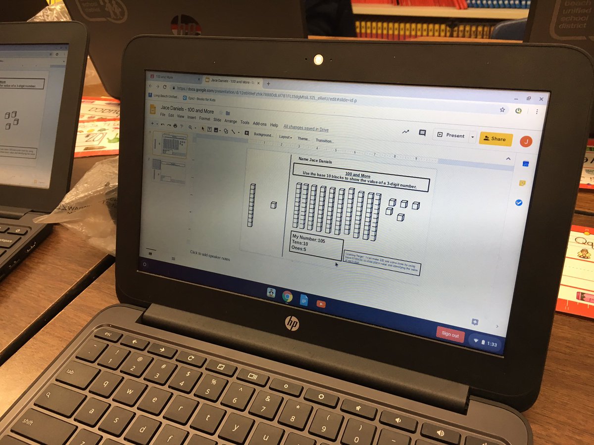 LafyLeonard's tweet photo. Implementing my learning from #LBTechSummit19 w/ @MsGayTech. Using #GoogleSlides as a #math WorkMat to show place value beyond 100. #firstgrade #ProudToBeLBUSD @LafayetteLions1 https://t.co/YQfwJS1npi