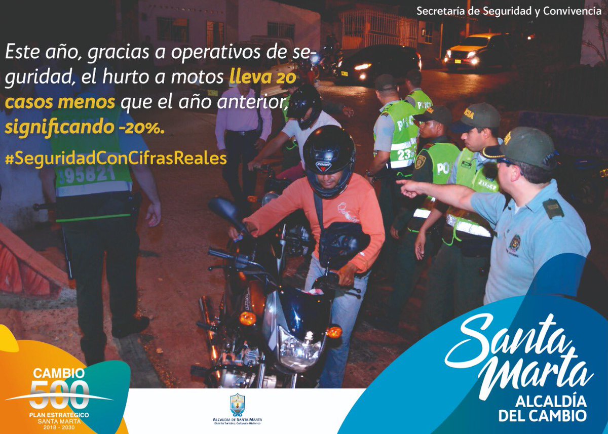 Gracias a La Caravana de la Seguridad y a los Planes de Control Urbano que realizamos con <a href="/PoliciaStaMarta/">Policía Metropolitana de Santa Marta</a> <a href="/Ejercito_Div1/">Primera División del Ejército Nacional</a> y <a href="/ArmadaColombia/">Armada de Colombia</a>, hemos logrado disminuir un 20% los hurtos de motocicletas en <a href="/SantaMartaDTCH/">Alcaldía de Santa Marta</a>. #SeguridadConCifrasReales