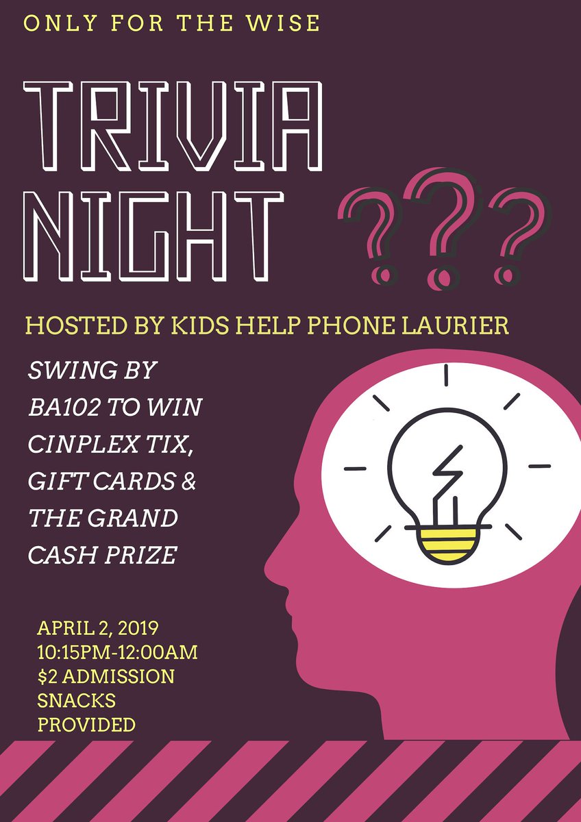 KHPLaurier's tweet photo. Come out to our Trivia night and test your knowledge if you dare! You can win prizes and have the the best time of your life. Will you conquer and win it all? We’ll be waiting 🤫 https://t.co/dauajK9v1H