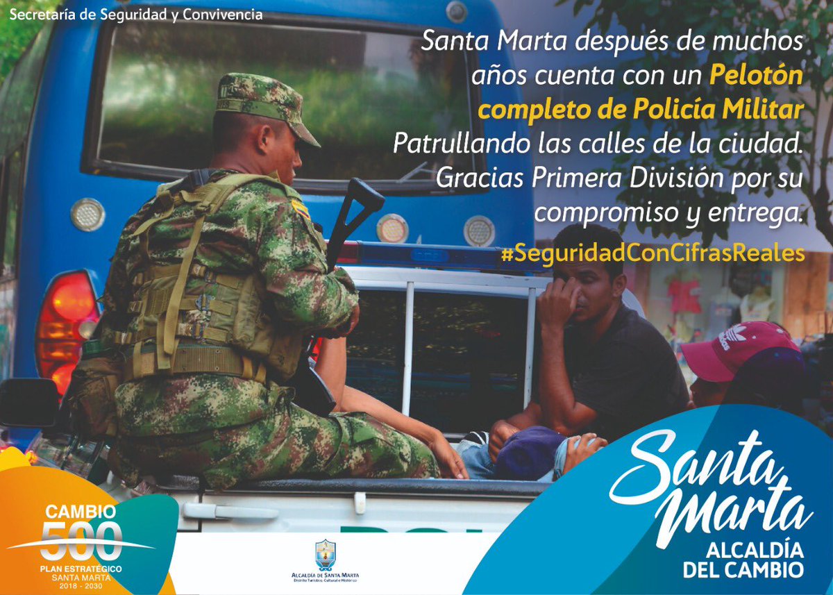 Gracias a la <a href="/Ejercito_Div1/">Primera División del Ejército Nacional</a>, hoy en <a href="/SantaMartaDTCH/">Alcaldía de Santa Marta</a> contamos con un Pelotón permanente de Policía Militar patrullando las zonas urbanas. Valioso aporte de #HeroesBicentenarios #SeguridadConCifrasReales