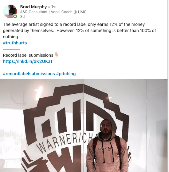 FRIDAY NIGHT MUSIC BUSINESS NEWS!
guys, this is a place to help one another, so here you go:

An A&amp;R from UMG asking for submission. Please send in your submissions here bradmurphymusic.com/record-label-s… 

I attached his post from LinkedIn for you to read as well! Support Indie Artists