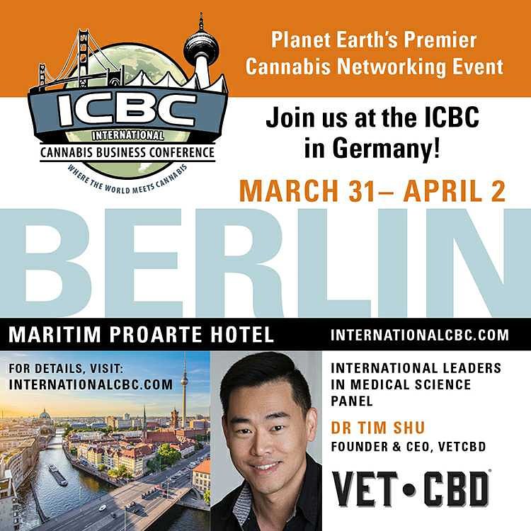 Join us in Berlin! Founder and CEO of VETCBD, Dr. Shu, will be speaking at the International Cannabis Business Conference in Berlin, Germany 3/31 - 4/2. Over 60 countries will be in attendance! He will be one of the speakers on the International Leaders in Medical Science panel.