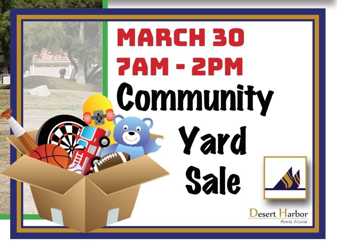 ZKreidel's tweet photo. Annual Community Yard Sale
Community Name:
Desert Harbor Peoria Arizona 
Community Location Directions:
Enter Lake Community from either
91st Avenue &amp; Thunderbird Road 
Or
Greenway and 91st Avenues
Time:
Saturday, March 30, 2019
7:00 AM - 2:00 PM https://t.co/TTdKO1wKza