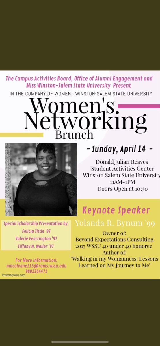 WSSU_CAB's tweet photo. Greetings beautiful ladies of WSSU..

Sunday, April 14th #WSSU will be housing a.....

Women’s Networking Brunch!!!

Join us as we gather all of the lovely women of WSSU to create an experience of a life time. 

Doors open at 10:30am!
#WSSU #SAVEARAM #wssu22 #wssu21 #wssu20 https://t.co/E7FYu9isU3