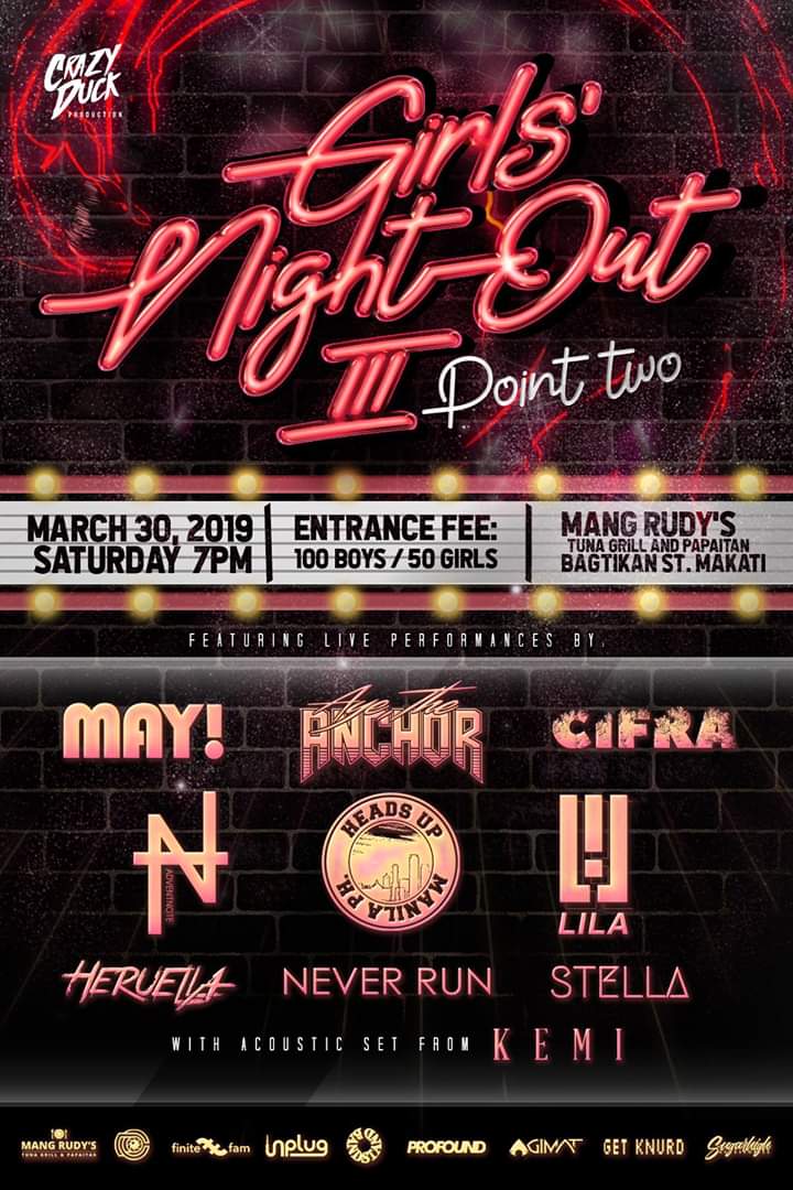 HAPPENING TONIGHT!

Girls’ Night Out 3
—-Point Two—-
March 30, 2019 | 7PM | Saturday
Mang Rudy’s Tuna Grill and Papaitan, Bagtikan St. Makati City
ENTRANCE: 100 PESOS FOR BOYS / 50 PESOS FOR GIRLS

This event is presented to you by <a href="/crazyduckprod/">CrazyDuckProduction</a>!