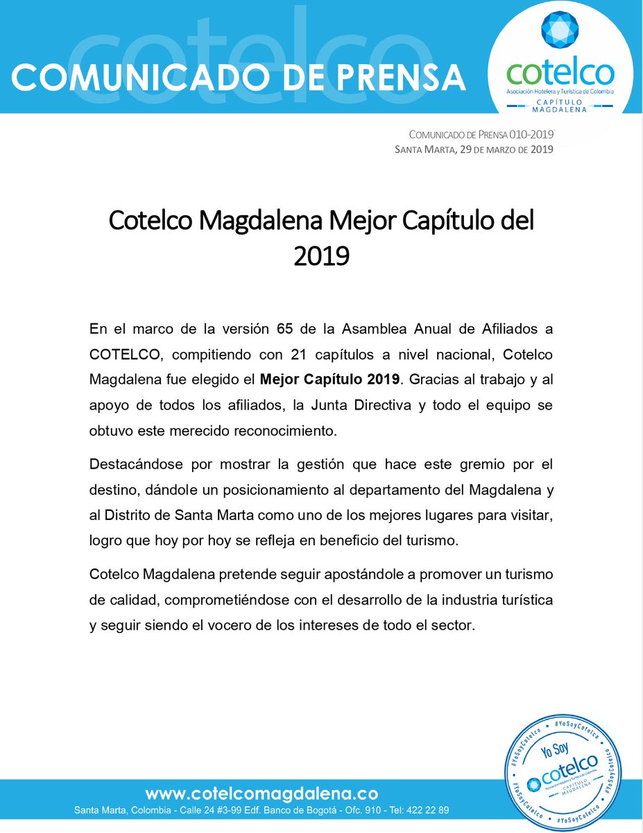 HotelesenSmr's tweet photo. Cotelco Magdalena fue elegido como el Mejor Capitulo 2019.
.
.
Gracias a Nuestros afiliados, la Junta Directiva y todo el equipo de Cotelco Magdalena este logro fue alcanzado.
.
.
.
#YoSoyCotelco #Gracias
@cotelcolombia https://t.co/z7n2TsCM3c