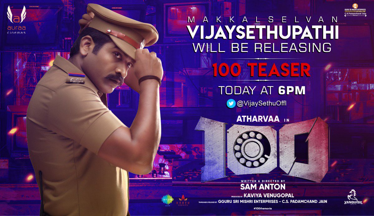 Cinema360L's tweet photo. #MakkalSelvan @vijaysethuoffl Will Be Releasing Our #100Teaser Today At 6pm ! 

#100TeaserFromToday

@atharvaamurali @ihansika @samanton21 @samcsmusic @dhilipaction @iyogibabu @AntonyLRuben @krishnanvasant @Auraacinemas ( @cskishan ) @saregamasouth @donechannel1 @VanquishMedia__ https://t.co/6x6HDT5nET