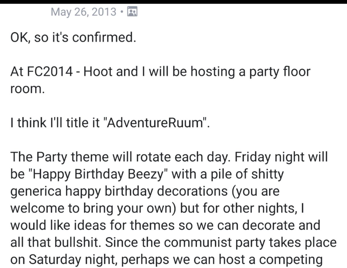 PartyPrat's tweet photo. WHOA #ADVENTURECRU DEEPLORE
I WAS STUMBLING ATOU ND FACEBOOK LOOKING FOR THE EVENTS PAGE AND FOUND THIS.
EXCERPTS FROM ThE LITERAL FOR CRU EYES ONLY POST I MADE ANNOUNCINH THE FIRST ADVENTURERUUM AT #FC2014
I'm losing it at the dingbat 40 hands and youtubaloo photos https://t.co/Yoy4AS0pKG
