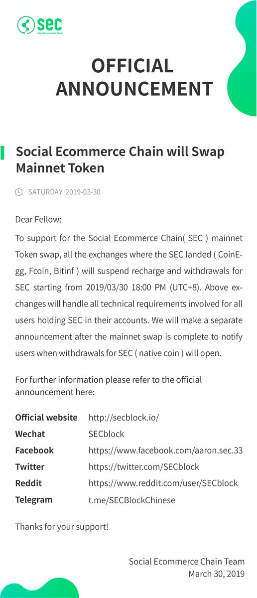 deletedqaz's tweet photo. all the exchanges where the SEC landed ( CoinEgg, Fcoin, Bitinf ) will suspend recharge and withdrawals for SEC starting from 2019/03/30 18:00 PM (UTC+8). https://t.co/cLQlqHhm0t
