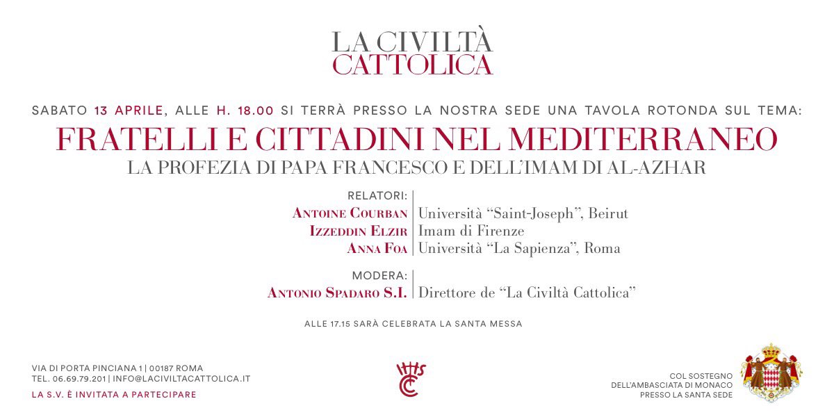 antoniospadaro's tweet photo. +++ Dopo #PapaInMaroccco 🇲🇦 e il documento di #AbuDhabi a Civiltà Cattolica @civcatt rifletteremo sui grandi temi della #fratellanza e della #cittadinanza nel #Mediterraneo. Invito aperto. Save the date! https://t.co/uhiPQmGono