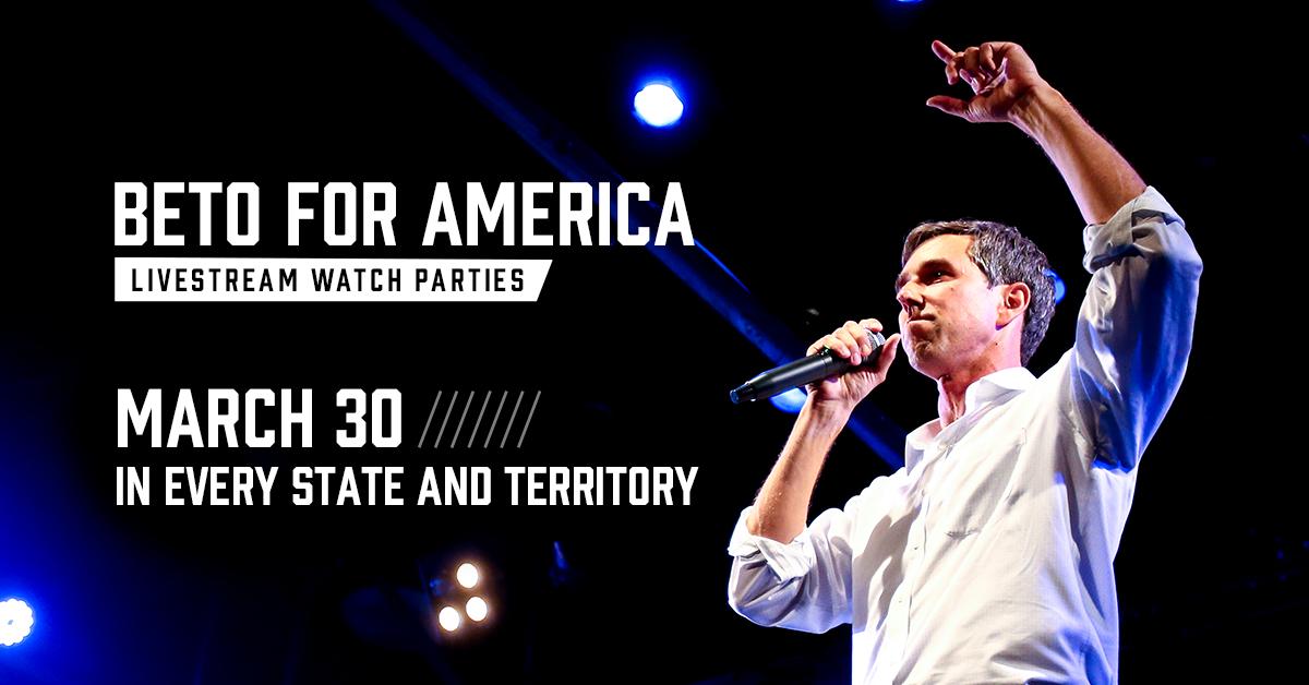 We’re hours away from kicking off our historic grassroots campaign. Thousands will join us in El Paso at 10:00 with many more tuning in to watch the livestream at organizing parties across all 50 states and territories. Join us at a watch party near you: map.betoorourke.com