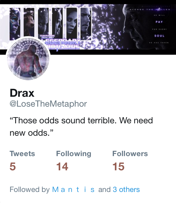 "You're going to want to keep an eye on this crew."

#LegendaryOutlaws

<a href="/NotATotalDick/">𝙿𝙴𝚃𝙴𝚁 𝚀𝚄𝙸𝙻𝙻</a> 
<a href="/TheLadyGamora/">𝑮𝒂𝒎𝒐𝒓𝒂</a>
<a href="/CosmicBugLady/">Ｍａｎｔｉｓ</a>
<a href="/LoseTheMetaphor/">Drax</a>