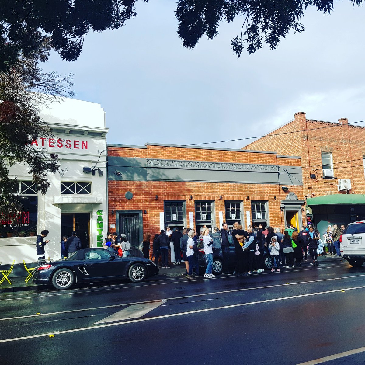 Huge queues in spite of the weather @atticamelbourne this morning for Ben Shewry's bake sale in support of Christchurch - great initiative!