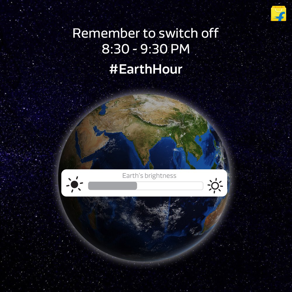 Flipkart's tweet image. When we lower the brightness, we reduce the strain. Turn off your lights for #EarthHour, from 8:30 PM to 9:30 PM today and turn on a brighter tomorrow. #NayeIndiaKeSaath