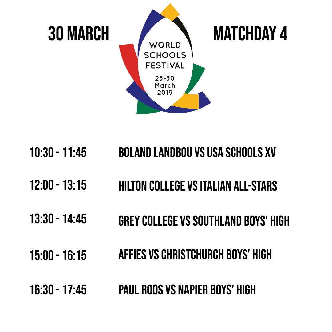 WorldSchoolFest's tweet photo. It’s the fourth and final day of #WSF2019 - and some major battles await. The day will also feature an Old Boys’ competition: 

Old Boys Fixtures:

10:30      Affies vs  Paarl Gimnasium 

11:30      Boishaai vs Hilton College

12:30      Paul Roos vs  Grey College https://t.co/467Nvs2MVz