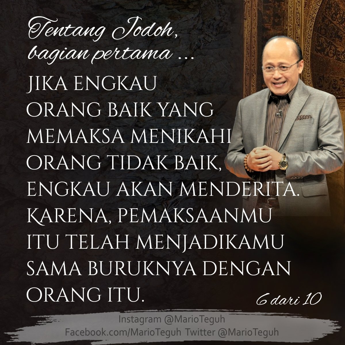 marioteguh's tweet photo. Tentang Jodoh, bagian pertama ...
.
Anda setuju?

Jika Anda inginkan topik lain dari 10/10, usulkan di sini ya?

Love you! 💗💝💖
.
#jodoh #cinta #jatuhcinta #belahanjiwa #menikahi #setia #MarioTeguh #motivasi #motivator #motivatorindonesia #MTGW https://t.co/FiToLSByzV