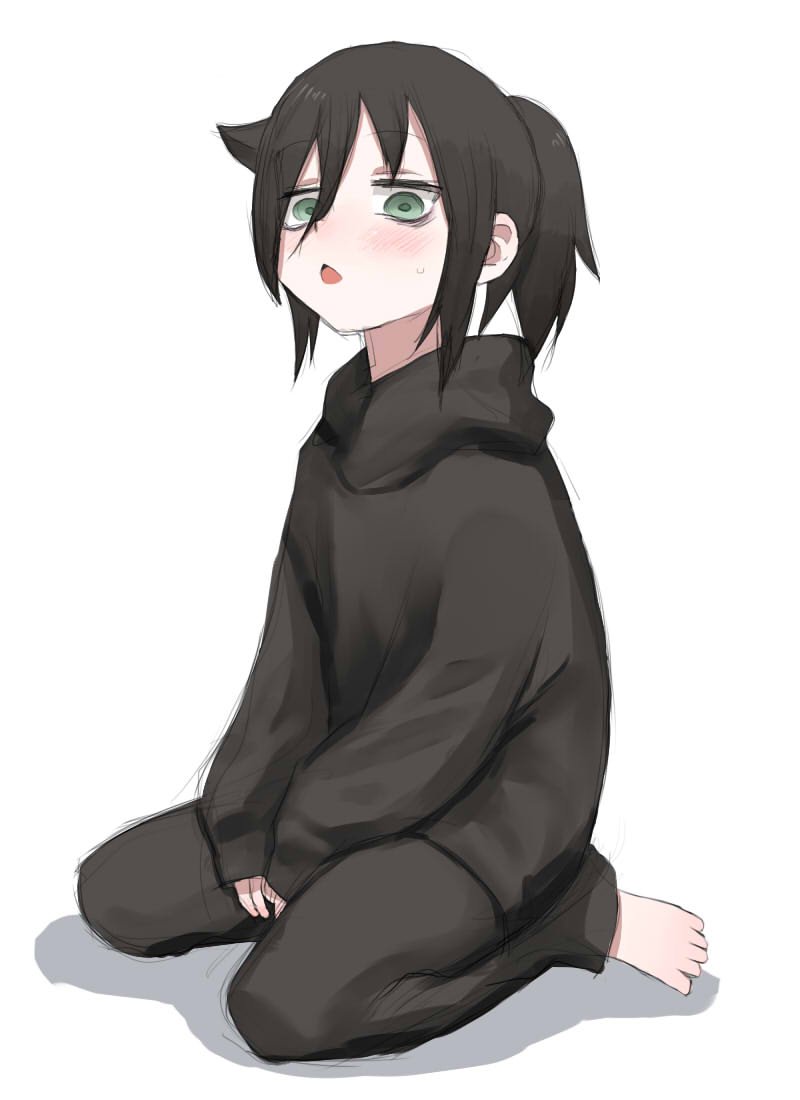 kuroki tomoko 1girl solo black hair ponytail green eyes sitting white background  illustration images