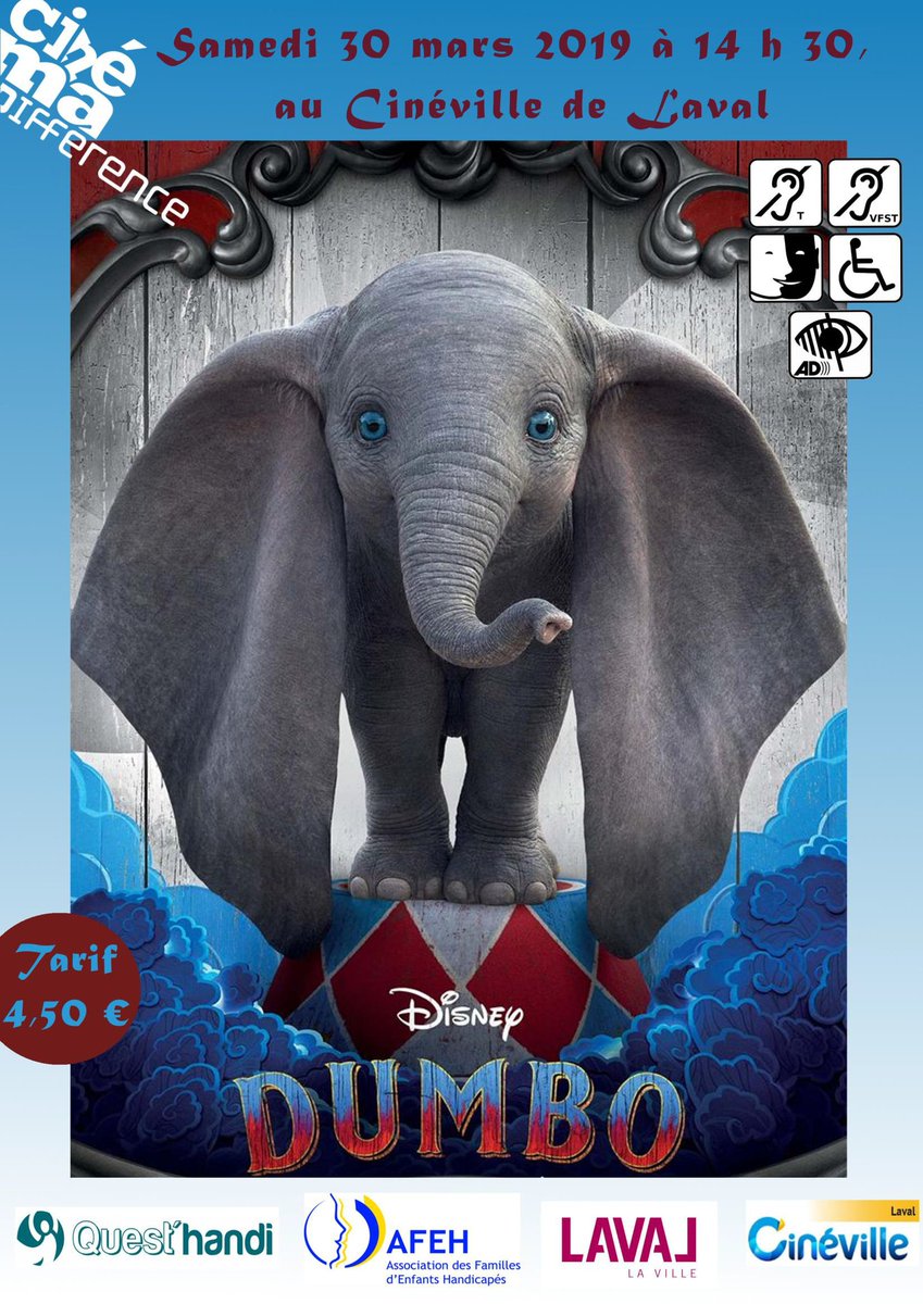 leszebres53's tweet photo. Samedi 30 mars, l'association zébrée #QuestHandi vous propose de venir au Cinéville de #Laval pour un cinéma accessible à TOUS les #handicaps !
🔹Ouvert à tous
🔹Sans réservation
🔹4,50€ la séance
🦓🐘 Vive les Zèbres et les éléphants volants ! #Dumbo #CinéMaDifference https://t.co/Am5py9HlXz