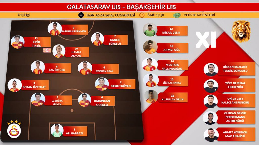 U15 takımımızın saat 15:30’da başlayacak ve <a href="/GSTV/">GSTV</a> ‘den canlı yayınlanacak olan M. Başakşehir FK müsabaka kadrosu
#Galatasaray
#GalatasarayFutbolAkademisi