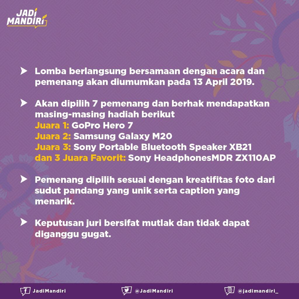 ffarliani's tweet photo. Acaranya kapan tuh bun?
Besok!!! 31 maret jam 9-4 jangan lupa foto bun, biar dapet GoPro Hero 7 sama Samsung Galaxy M20 buat nanti moto cakwe nyender.
Coba liat info sama cakwe nyendernya di foto
#MandiriBanyuwangiHM2019
#MBHMPhotoCompetition https://t.co/9MLf6HcHJN