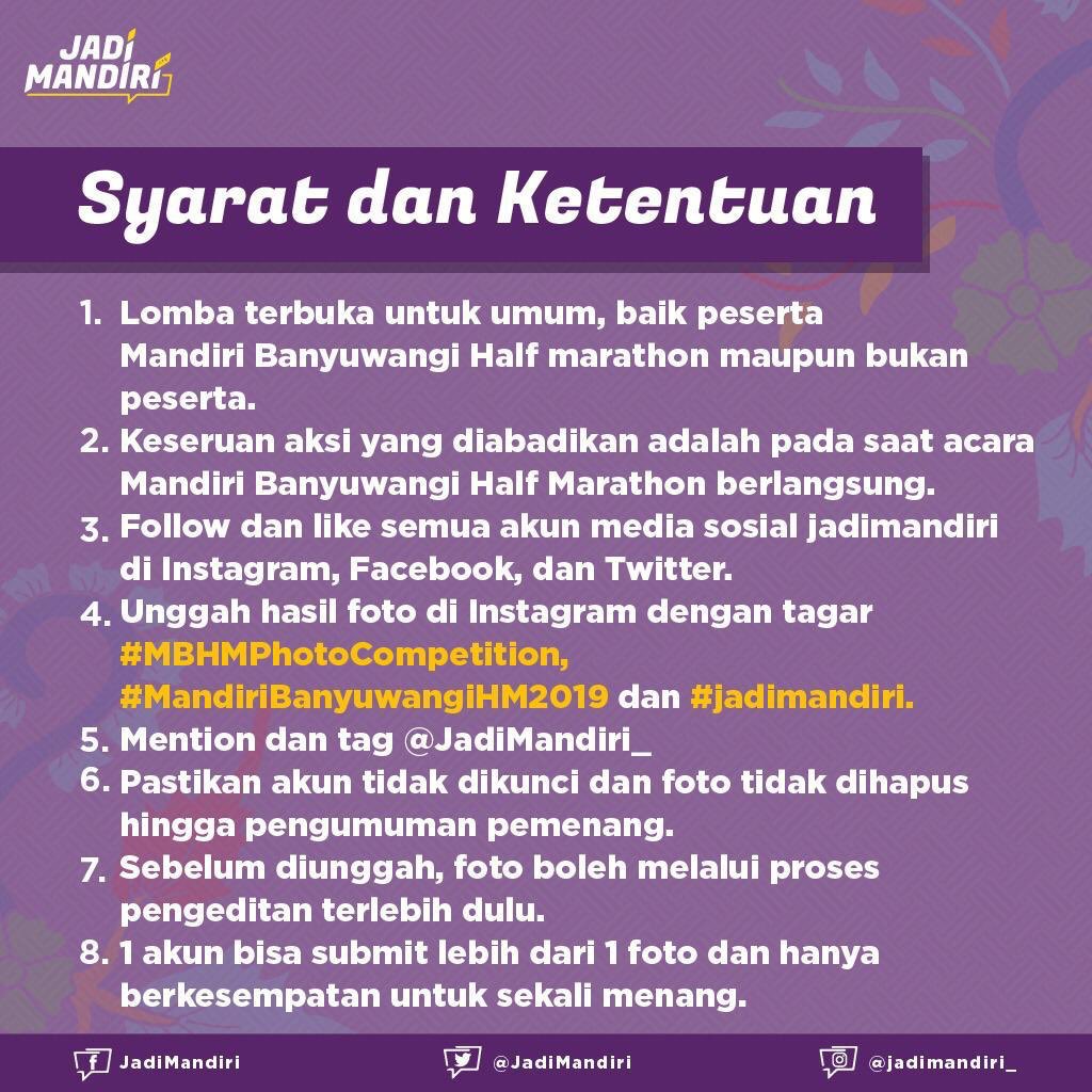 rezakabae's tweet photo. Selain bikin sehat, kalian juga bisa menangin hadiah yang kece badai seperti GoPro Hero 7, Samsung Galaxy M20 dan masih banyak hadiah lainnya. Keren banget kan? Nah, cek langsung aja IG nya @jadimandiri untuk info lengkapnya.
#MandiriBanyuwangiHM2019
#MBHMPhotoCompetition https://t.co/sI45mdvyZ8