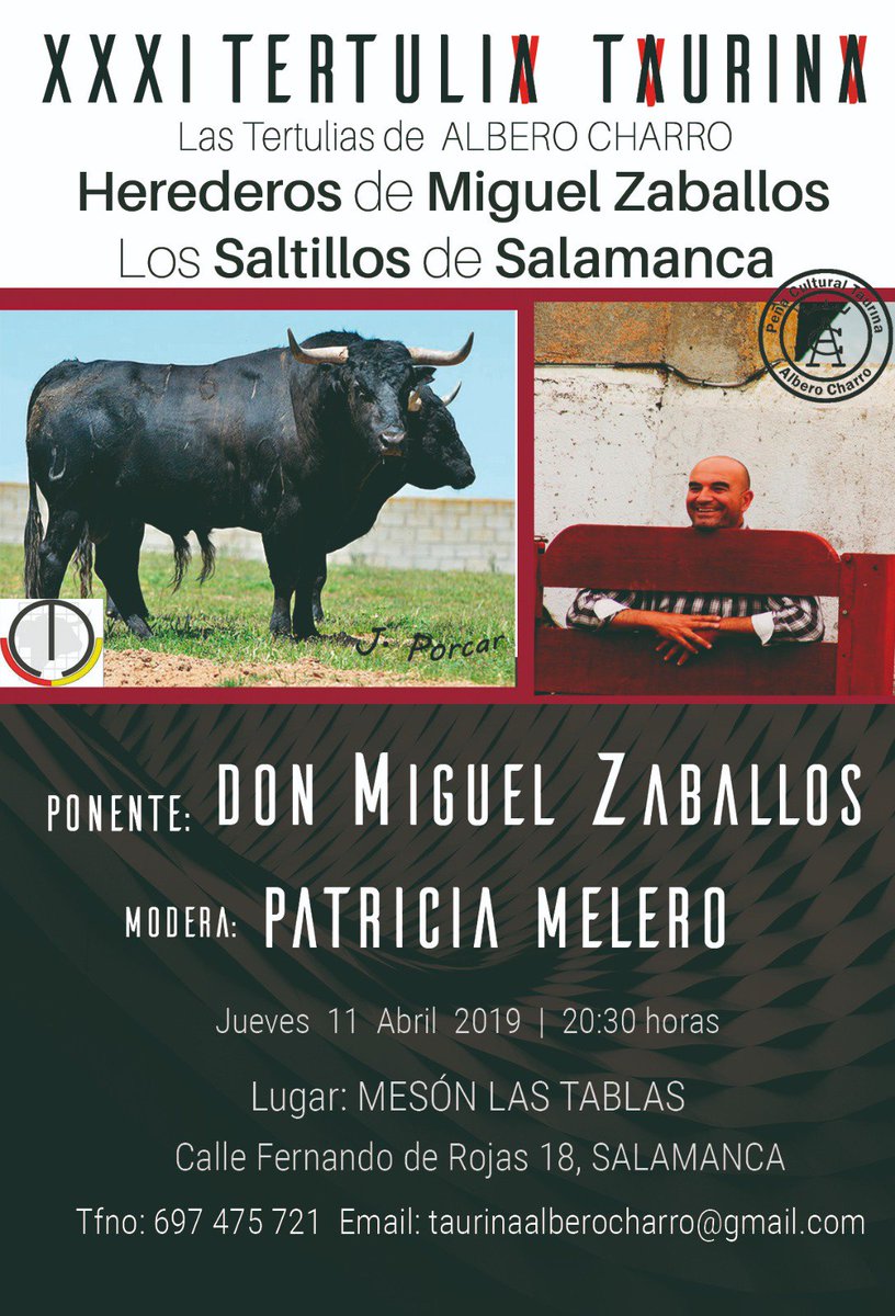 AlberoCharro's tweet photo. Os presentamos nuestra XXXI Tertulia Taurina: "Herederos de Miguel Zaballos; Los Saltillos de Salamanca"
La historia, peculiaridades del encaste  serán contadas el próximo jueves 11 de abril a las 20:30h en el Mesón Las Tablas. ¡No te lo pierdas! https://t.co/WdG3tIM5m8