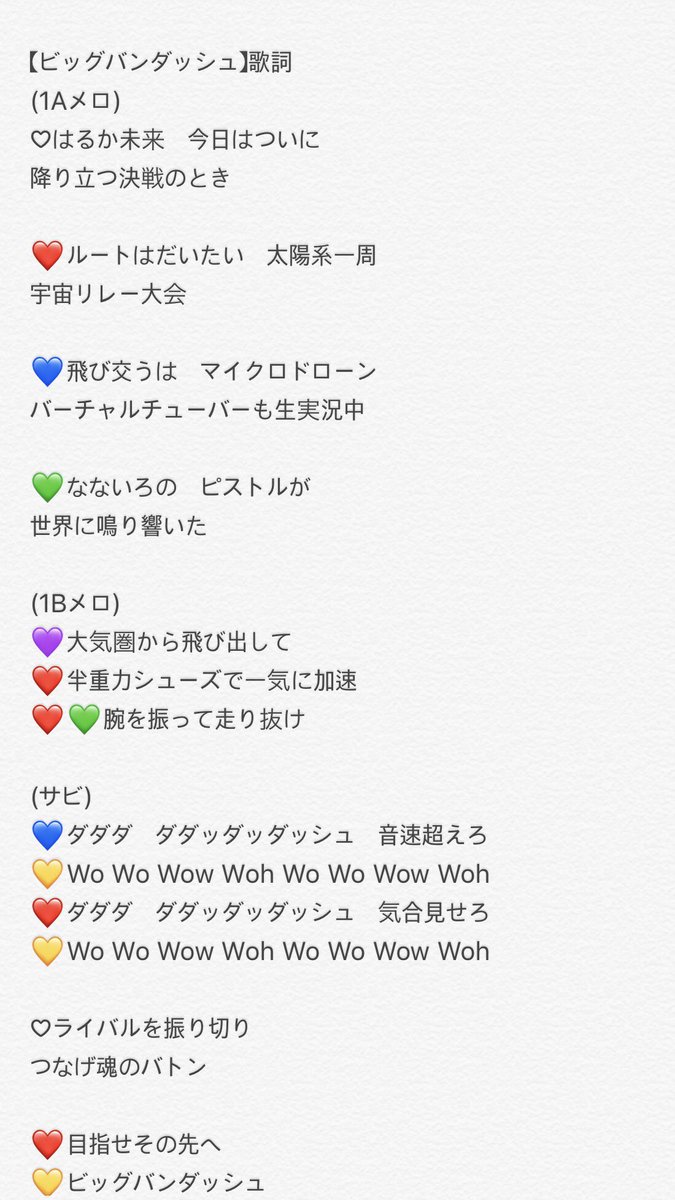 そよん Sur Twitter ビッグバンダッシュ歌詞 お待たせしました 新曲の歌詞割です これで推しパート覚えてコールのタイミングも サイバー挙手の未来型をイメージして作られた歌なんだって 全員 ちーりん みーちゃん まこ つかさ ほの ごちゃ そよん Sur Twitter ビッグバンダッシュ歌詞 お待たせしました 新曲の歌詞割です これで推しパート覚えてコールのタイミングも サイバー挙手の未来型をイメージして作られた歌なんだって 全員 ちーりん みーちゃん まこ つかさ ほの ごちゃ