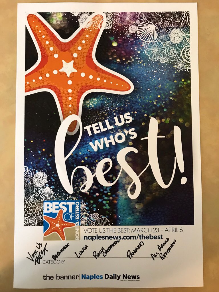 Voting for Bonita’s Best is on now and ends April 6th, and we’re counting on your vote. Please Vote us Bonita’s Best BREAKFAST, LUNCH, PHILLY CHEESESTEAK, BURGERS, FAMILY RESTAURANT and PANCAKES. Vote at:
Naplesnews.com/thebest
Thank You For Your Vote!!!
