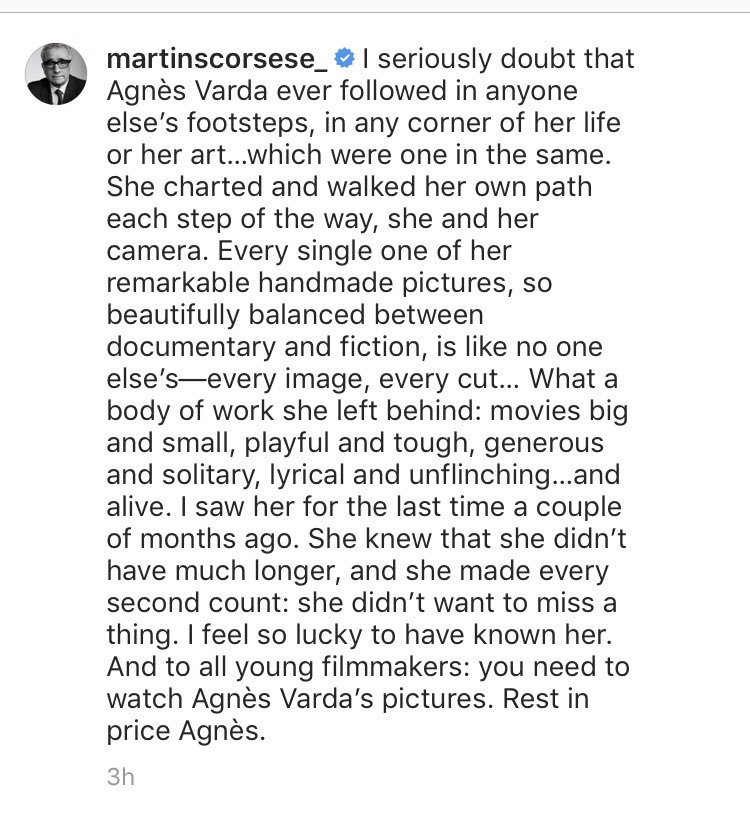 Le post de Martin Scorsese au sujet d’Agnès Varda est juste, et touchant... à mes yeux, le plus beau. Voilà...