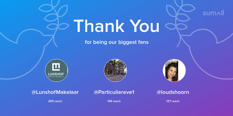 Our biggest fans this week: <a href="/LunshofMakelaar/">Lunshof Makelaardij</a>, @Particuliereve1, <a href="/loudshoorn/">L.V. Oudshoorn</a>. Thank you! via sumall.com/thankyou?utm_s…