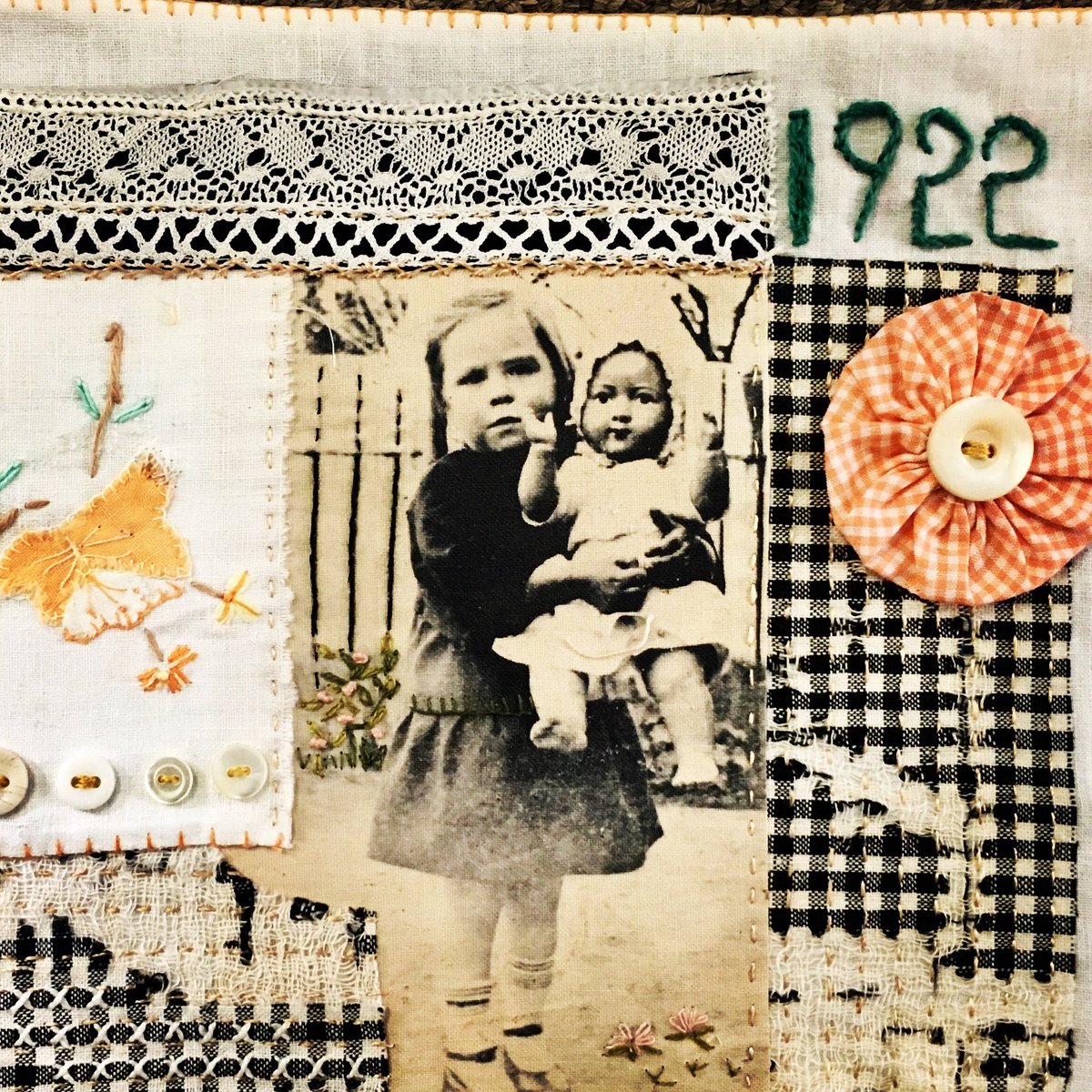 margarethage's tweet photo. #stitchedstories #collage using #printed #digitalimage on #fabric &amp; #vintage found pieces, sample for my #workshop during the #penola #coonawarra #artsfestival #clothbook making, wonderful for #familyhistory preservation. https://t.co/aPL6uy1SQD