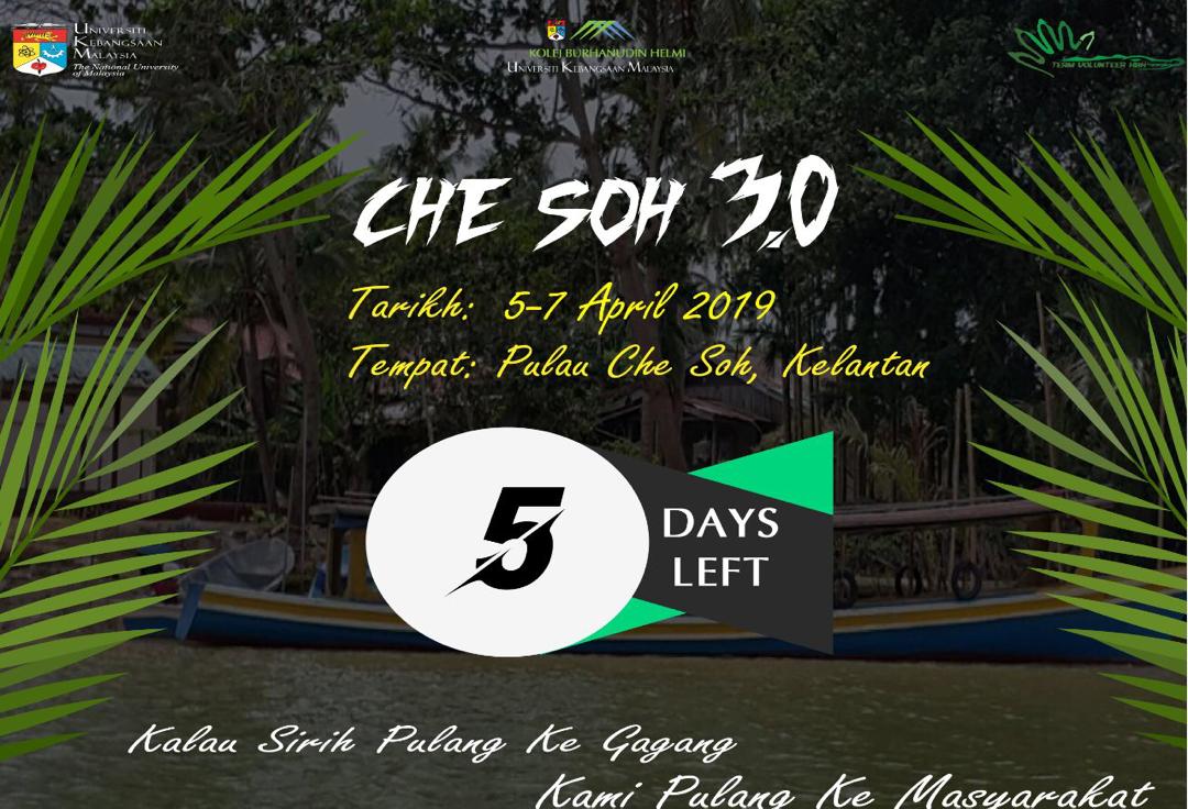 Chesoh_30's tweet photo. 5 HARI LAGI - MENJELANG PROGRAM KHIDMAT KOMUNITI DI PULAU CHE SOH 3.0

Lima hari lagi menjelang Program Khidmat Komuniti Di Pulau Che Soh 3.0 pada tarikh 5,6 &amp; 7 April 2019 di Pulau Che Soh, Tumpat, Kelantan.

#RoadtoCheSoh3.0 #CheSoh3.0
#TVKKBH https://t.co/ze5g8rMXfC