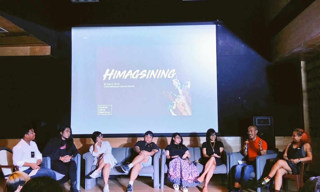 mmprideorg's tweet photo. HAPPENING NOW: The #HIMAGSINING Queer Arts Festival 2019!
We're on hour two of the festival and just finished the first batch of short films. On the Cinematheque stage are our artist/advocates for the panel discussion on the role of art in social change. #QueerAF2019 https://t.co/yoS9vARH6t