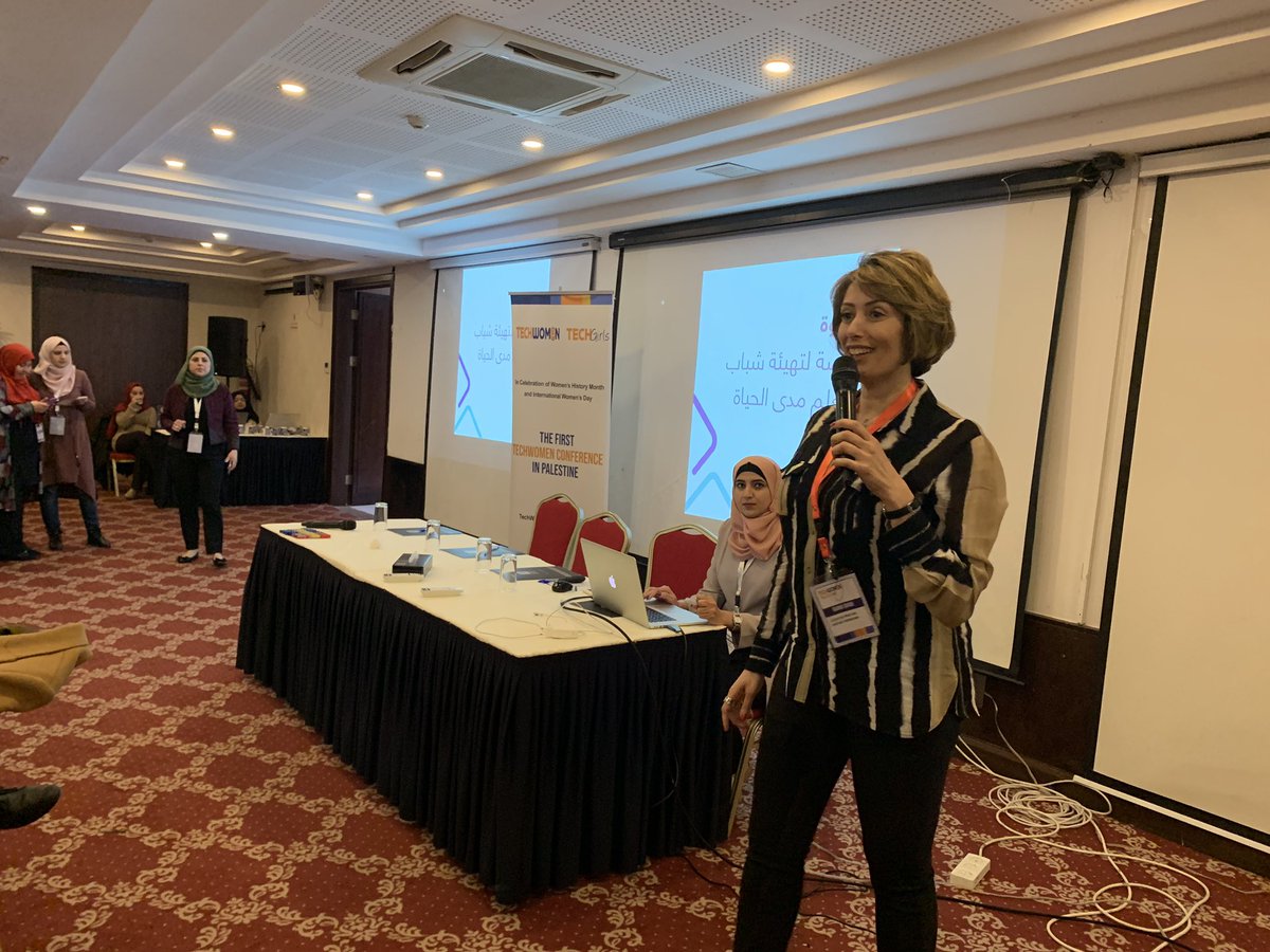 gina_kadri's tweet photo. Rana Diab , the executive director of Khutwa and HQSF foundation is talking about learning journey @TechWomen @techwomenps #techwomen18 https://t.co/SjuT5ZgN4K