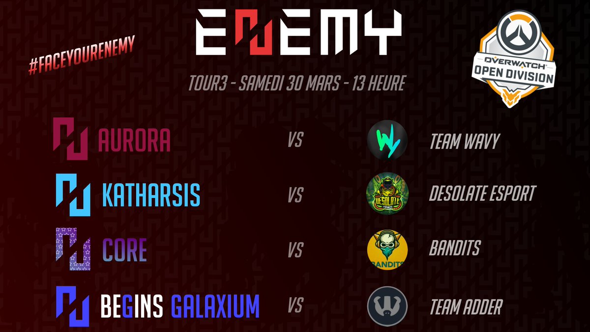 [#OpenDivisionEU]

Et c'est parti pour la deuxième semaine d'<a href="/owpathtopro/">Overwatch Path to Pro</a> ! 🏅

#EnemyAurora 🆚 <a href="/TeamWavyOW/">Team Wavy</a>
#EnemyKatharsis 🆚 <a href="/TeamDesolateOW/">Desolate eSports</a>
#EnemyCore 🆚 @askBandits
#BeginsGalaxium 🆚 #TeamAdder

Que des beaux matchs !! 🏅

#FaceYourEnemy